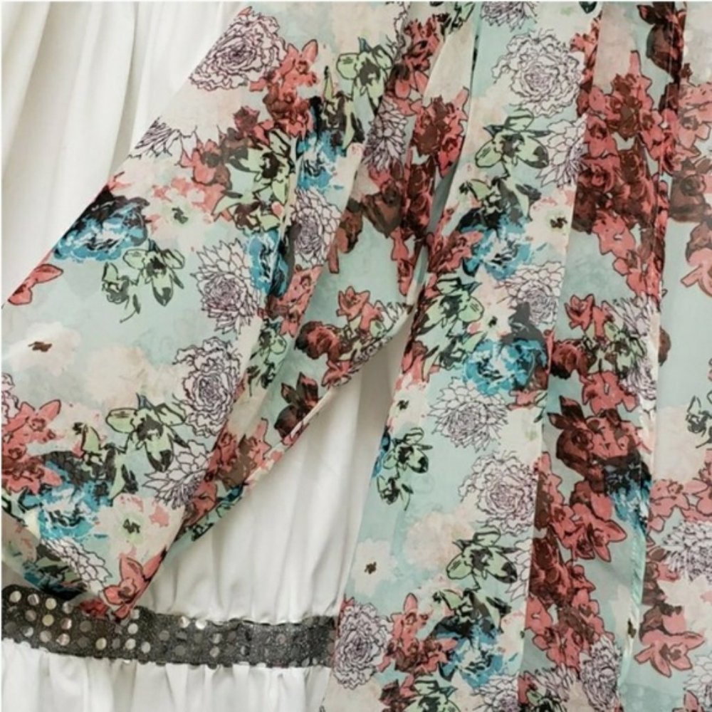 Say What? Aqua Pink Floral Sheer Kimono ¾ Sleeve S - Picture 4 of 7